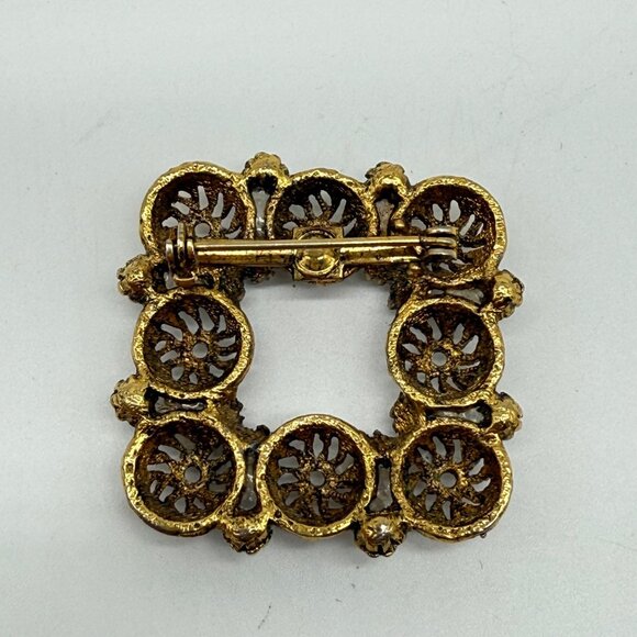 Vintage Square Gold Tone Filigree Brooch Pin Faux Mini Pearls - Picture 6 of 10